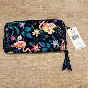 Vera Bradley Navy Floral Flamingo Zip Wallet with Pink Accents